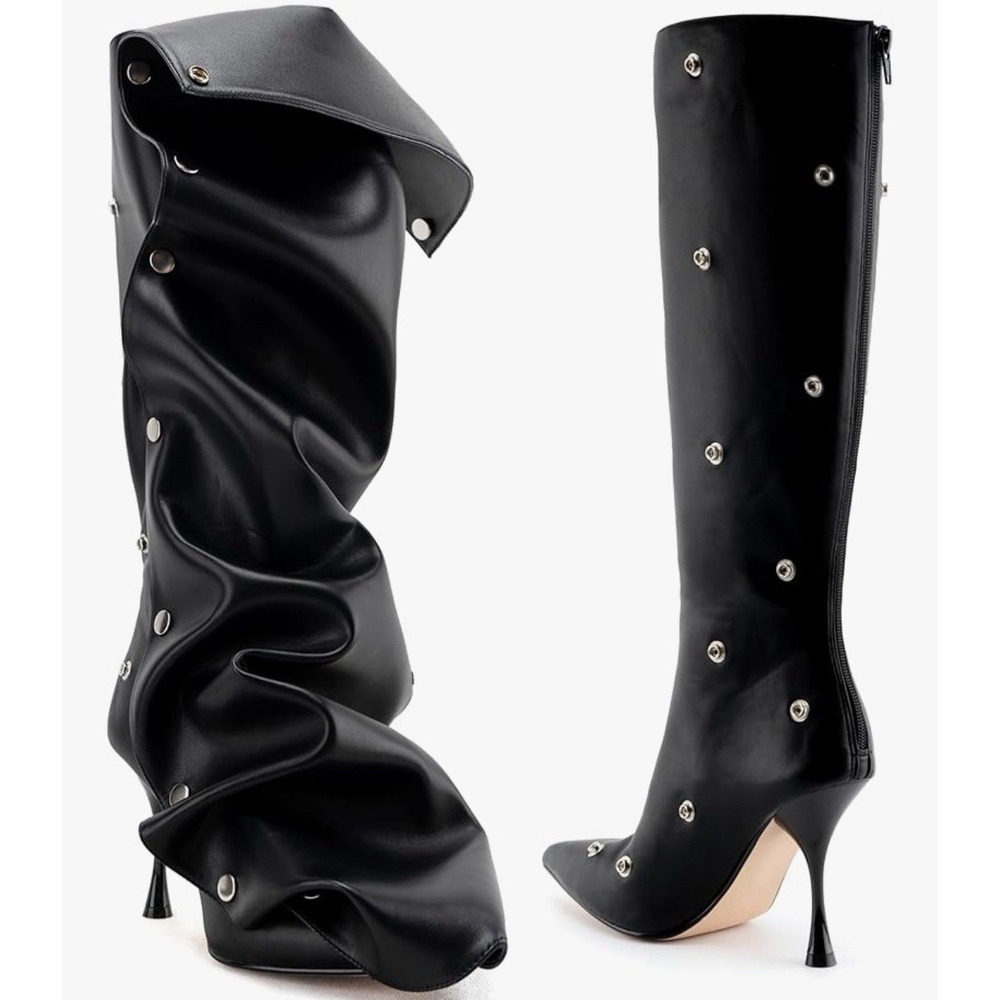 Boots Knee High Women's 9.5 Black Detachable Front Panel 2-Way Stiletto Pointy